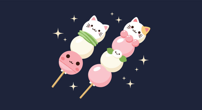 Adorable illustration of Japanese dango dumplings shaped like cute cats on bamboo skewers with glowing stars on a dark navy blue background.