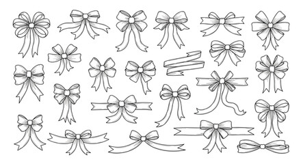 Obraz premium Comprehensive set of various hand-drawn ribbon bows and ribbons in a detailed black and white sketch style for gifts and decorations.