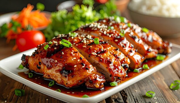 Sliced grilled chicken breast on a white plate with sauce