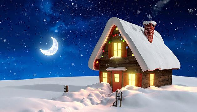 Cozy snow covered house at night.