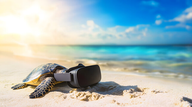 A turtle wearing virtual reality glasses on a tropical beach against a backdrop of the ocean and clear sky