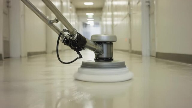 Floor cleaning machine with rotating pad glides smoothly over polished surface in a well-lit corridor, showcasing effective cleaning action and equipment design