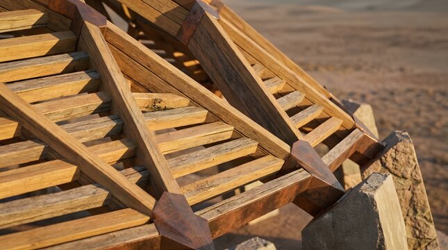 Modern geometric timber roof framework with rusted metal joints in a warm arid landscape