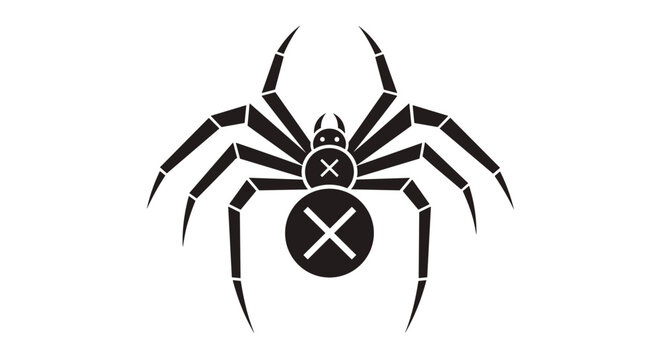 Stylized black widow spider icon with a white cross mark on its back and abdomen isolated on white background for spooky design themes.
