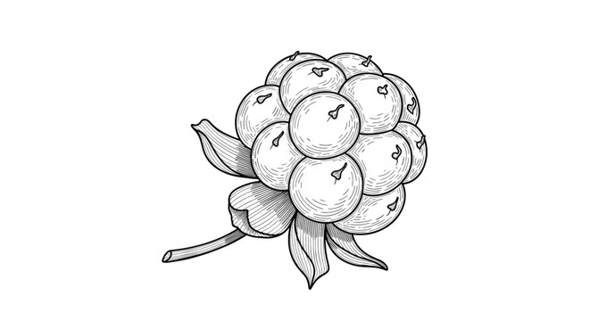 Detailed botanical illustration of cloudberry or raspberry fruit with leaves in traditional black and white engraving style.