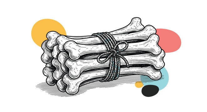 Bundle of animal bones tied together with rough rope depicted in detailed engraving style for educational or medical theme.