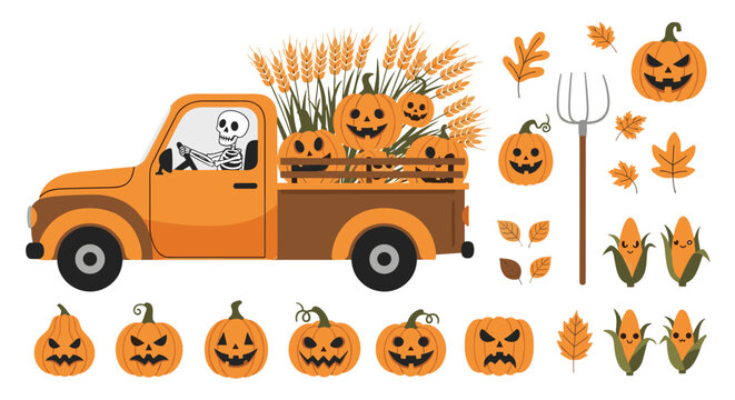 Autumn harvest and halloween collection featuring orange truck driven by skeleton carrying pumpkins and various fall items.