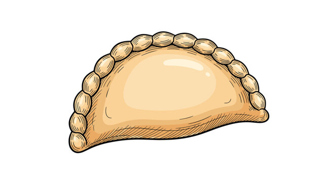 Single appetizing dumpling or pierogi shown in detailed hand drawn style with textured dough and crimped edge detail.