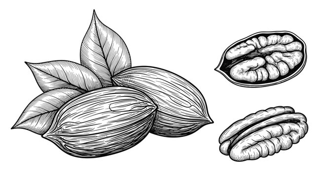Vintage style hand drawn engraving of pecans in shells and shelled nuts with leaves isolated on a clean white background.