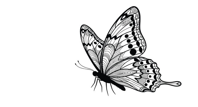 Detailed line art drawing of monarch butterfly with intricate wing patterns for nature coloring page or scientific sketch.
