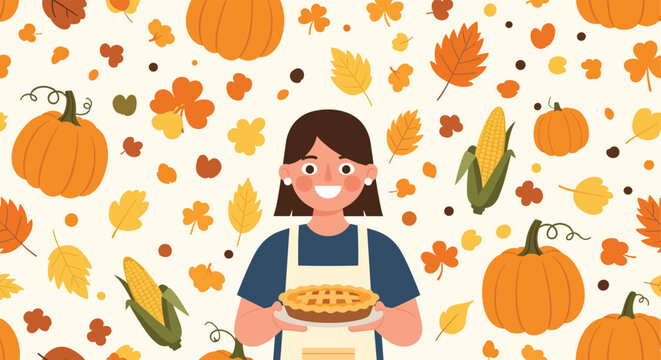 Smiling woman in an apron holding a freshly baked pie against a seamless autumn background with pumpkins and falling leaves.
