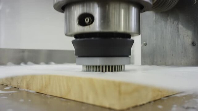 Industrial machine dispensing white material onto wooden surface, showcasing the continuous flow and application process in a manufacturing environment