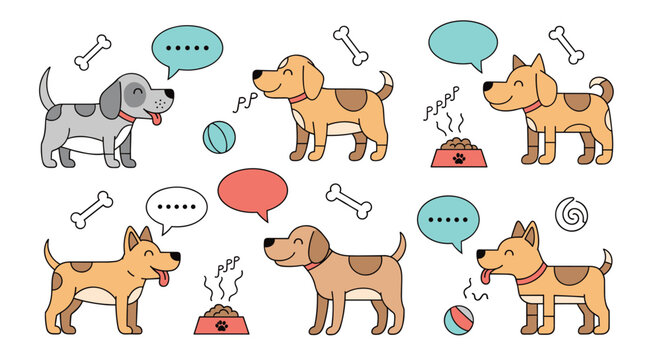 Colorful collection of cartoon dogs in various poses with speech bubbles, bones, balls, and food bowls on a white background.