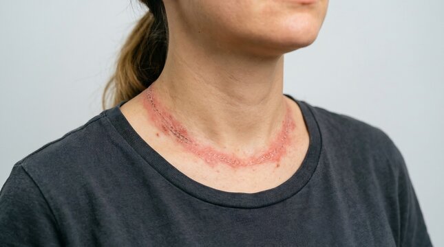Close-up of a person with a red skin rash on the neck caused by an allergic reaction to a necklace