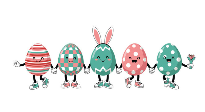 Group of five cute and colorful easter egg characters with faces and legs holding hands in a line to celebrate spring.