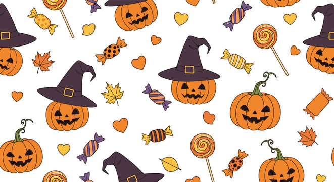 Seamless halloween background pattern with carved pumpkins wearing witch hats, colorful candies, lollipops, autumn leaves, and hearts.