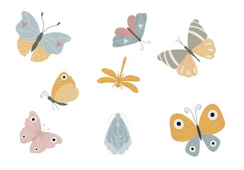 Naklejka premium Cute boho butterflies and dragonfly vector set. Scandinavian style insects collection with moth and butterfly elements, isolated on white background for kids design.