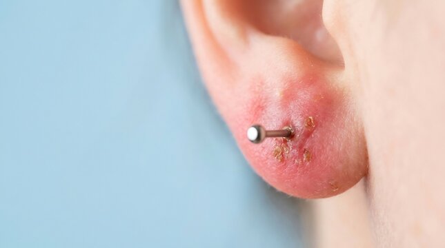 Close-up of an infected earlobe piercing with redness and inflammation around a silver stud earring