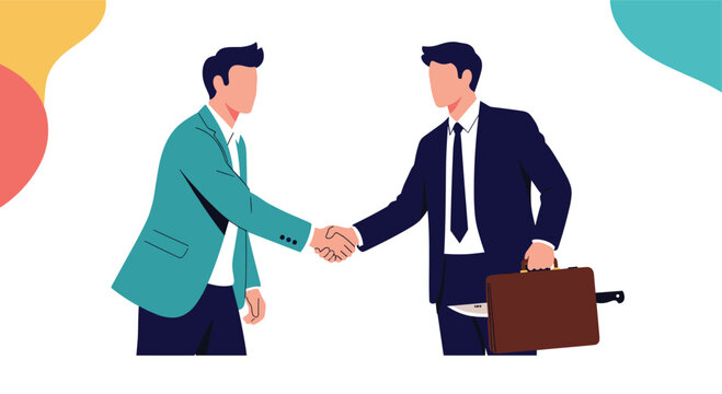 Two businessmen in suits shake hands to finalize a deal while one secretly hides a sharp knife behind a briefcase, symbolizing corporate betrayal.
