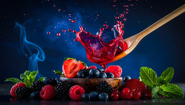 Wooden spoon with red liquid splashing into a fresh bowl of mixed berries creating vibrant and colorful atmosphere food photography generative AI