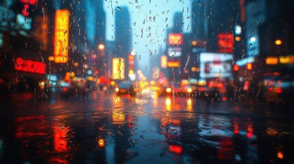 Obraz premium Rainy Cityscape Through Wet Window With Blurry Neon Lights And Reflections