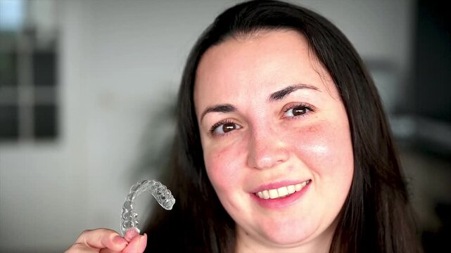 Woman with bright confident smile showing straight teeth after clear aligner treatment, successful orthodontic result and radiant dental health transformation concept