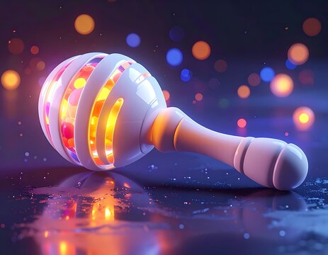 Glowing baby rattle on wet surface.