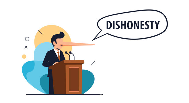 Dishonest politician with a long nose speaking at a podium with a speech bubble indicating lying and lack of integrity.