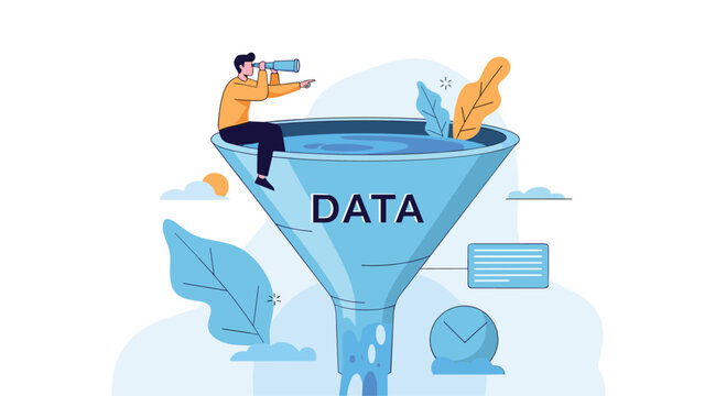 Analyst sitting on a large data funnel and looking through a telescope to extract valuable insights from complex information.