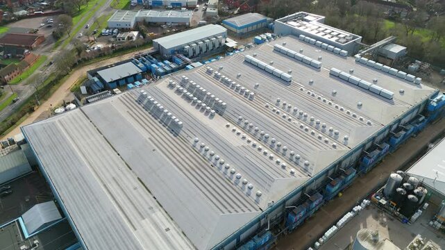 Aerial view of a hyperscale data center facility and cloud computing hub in Welwyn Garden City, UK.