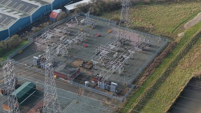 Aerial view of the power transmission network and electrical facility in Lincolnshire