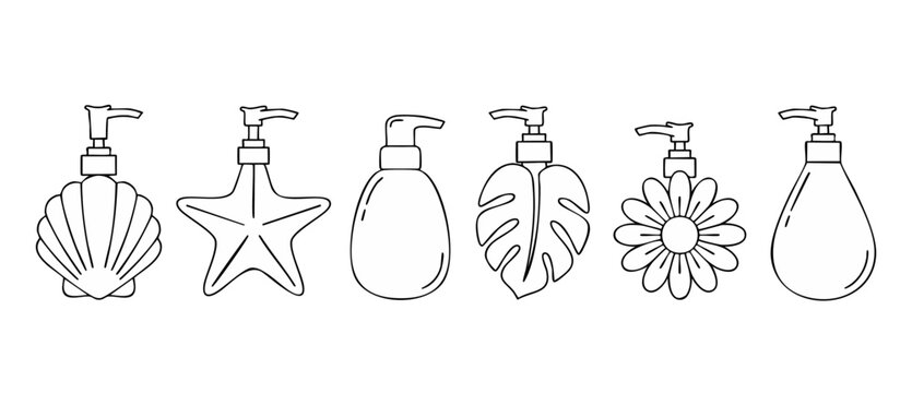 Soap dispenser bottles line art icon set, decorative pump containers with natural shapes like shell, starfish, monstera leaf and flower, isolated outline design for cosmetic packaging and skincare bra