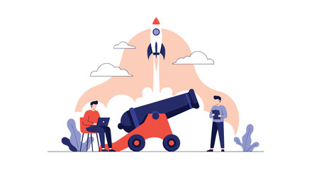 Collaborative business team uses a large cannon to launch a rocket ship into the sky symbolizing a successful startup project kick-off. © Mehedi