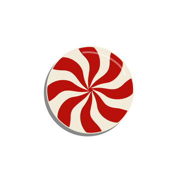 Red and white striped peppermint lollipop vector illustration. Flat design Christmas candy swirl icon isolated.