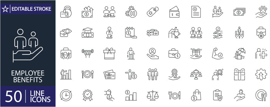 Employee benefits icons set. Includes symbols of insurance, salary, healthcare, bonuses, retirement plans, and workplace support. Editable stroke. Vector illustration. Outline icons.