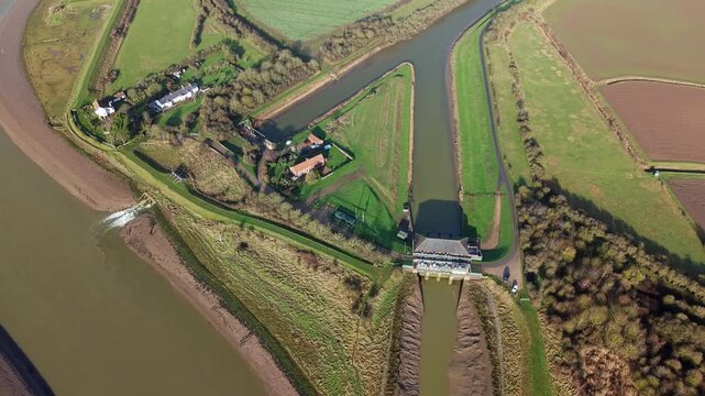 Top down perspective of water management infrastructure and flood control channels at Hobhole, Lincolnshire.