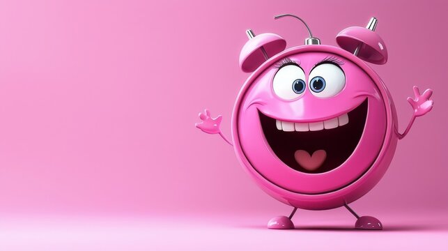 Cheerful cartoon alarm clock design in shades of pink.