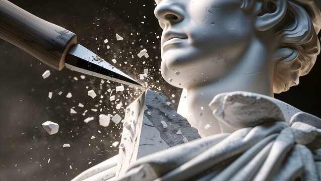 Sculptor chisel striking white Carrara marble stone chips flying mid air statue half polished raw smooth skin texture hyper realistic dramatic side lighting, generative AI
