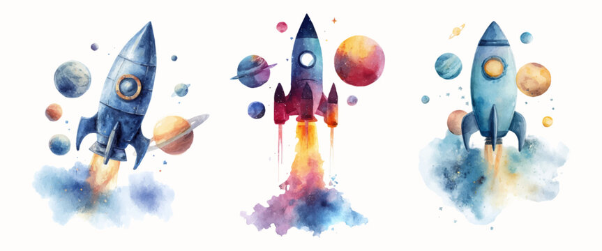 Watercolor rockets launching into space with colorful cosmic smoke and planets surrounding them, representing exploration, innovation, and childhood dreams of astronomy and adventure