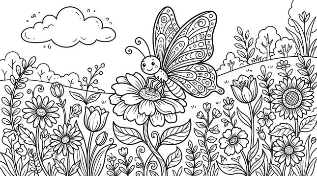 Cute cartoon frog sitting on lily pad in pond with dragonfly and flowers