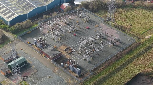 Aerial view of a high voltage electrical substation near Boston, Lincolnshire.