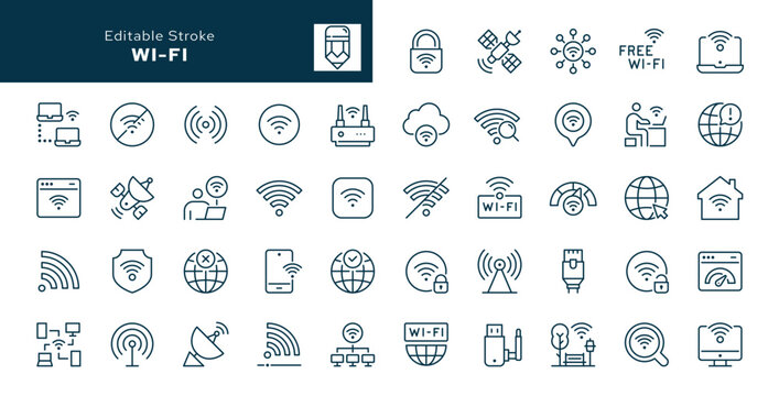 Wi-fi outline icons set. Wireless network, online, ofline, internet, signal, connect, hotspot and more. Line icon in linear style. Vector collection	
