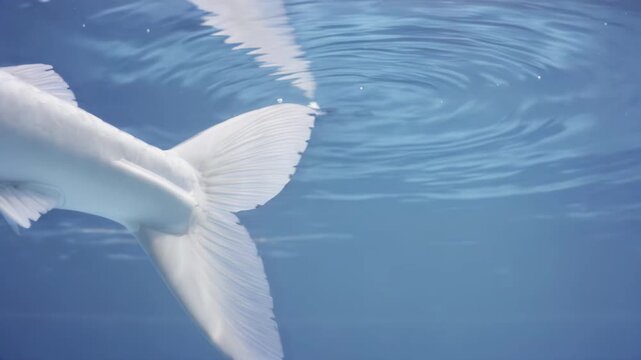 White fish tail gracefully moves through clear blue water, creating ripples and reflections in the serene underwater environment, showcasing aquatic life in motion