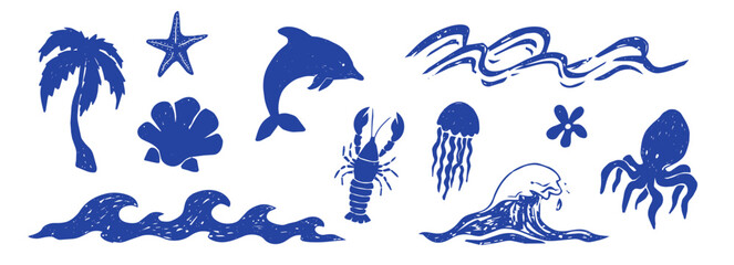 Linocut set featuring sea decoration, corals, and shells. Woodcut vintage marine silhouette print, summer nautical collection. © Alyona