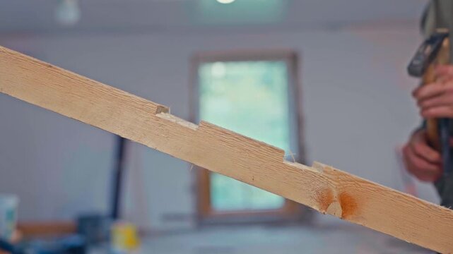 A Person is Shaping a Wooden Plank With a Chisel Indoors - Close Up