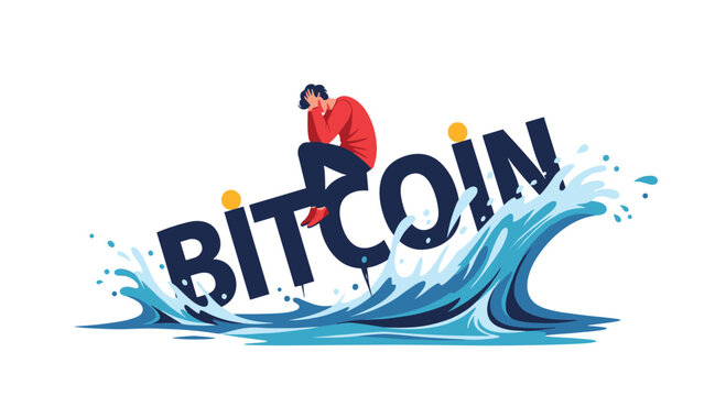Distraught investor sits on top of sinking bitcoin text as massive blue water waves crash against cryptocurrency market volatility symbol.