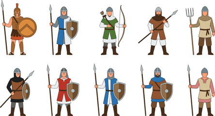 Naklejka premium Medieval Warriors and Soldiers Set with Shields, Spears, Bows, and Armor for Historical and Fantasy Illustrations.