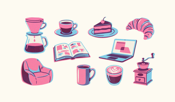 Risograph Print Coffee and Cafe Essentials Clipart Set, Vintage Two Color Pink and Blue Coffee Shop Illustration Collection with Pour Over Dripper, Espresso, Cake Slice, Croissant, Book, Laptop, Mug, 