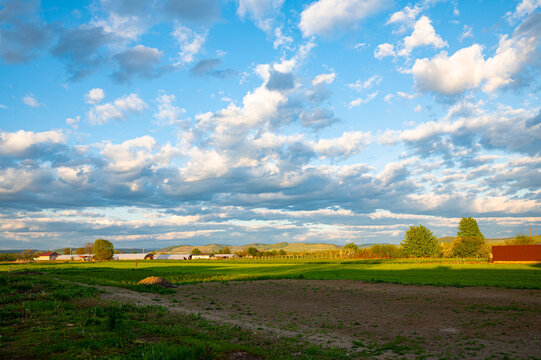Sunlit countryside fields under chaotic sky with puffy clouds over rural farm landscape in Mures valley, central Transylvania, Romania