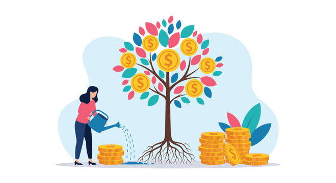Diligent woman waters money tree growing with gold coins to symbolize long-term financial investment and passive income wealth building.
